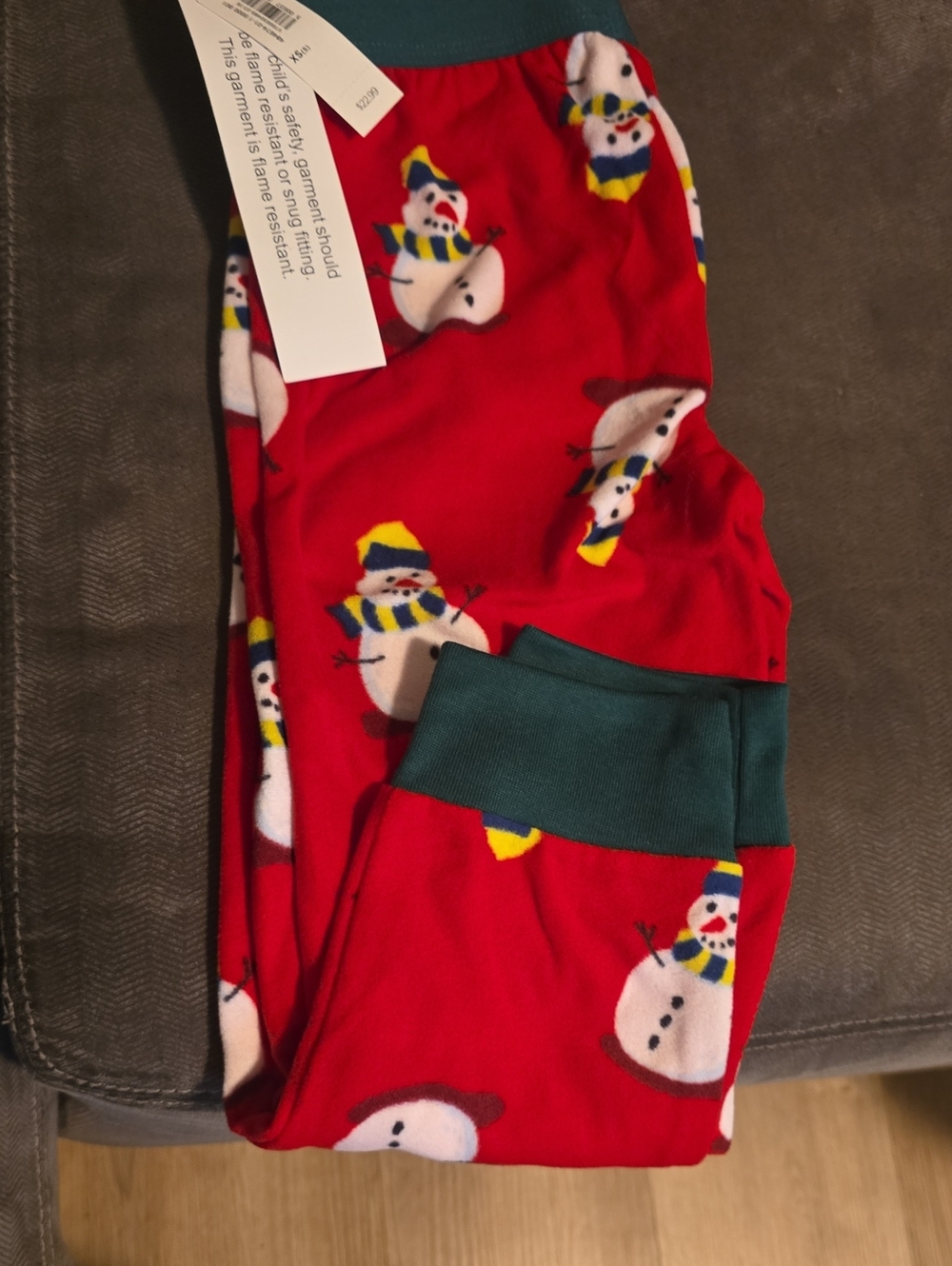 Old Navy Red Snowman Print Pajama Bottoms with Green Waistband